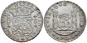 Philip V (1700-1746). 8 reales. 1744. Mexico. MF. (Cal-1466). Ag. 26,75 g. Tarces of mounting. Repaired edge. Choice VF/Almost XF. Est...400,00. 

S...