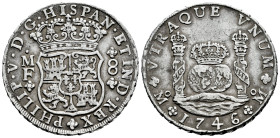 Philip V (1700-1746). 8 reales. 1746. Mexico. MF. (Cal-1470). Ag. 26,87 g. Toned. Scratch on reverse. Choice VF. Est...350,00. 

Spanish description...