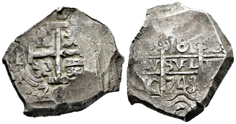 Philip V (1700-1746). 8 reales. 1743. Potosí. C. (Cal-1584). Ag. 26,07 g. Double...