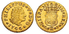 Philip V (1700-1746). 1/2 escudo. 1744. Madrid. AJ. (Cal-1637). Au. 1,77 g. Some original luster remaining. Choice VF. Est...300,00. 

Spanish descr...