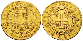 Philip V (1700-1746). 8 escudos. 1701. Sevilla. 8-S/M-8. (Cal-2267). (Cal onza-467). Au. 25,96 g. "Cross" type. Used as a jewelry piece. Repaired edge...