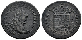 Philip V (1700-1746). 2 liard. 1709. Namur. (Vti-55). (Vanhoudt-745.NA). Ae. 7,33 g. VF. Est...50,00. 

Spanish description: Felipe V (1700-1746). 2...