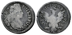 Philip V (1700-1746). 1 tari. 1708. Sicilia. DD-S. (Tauler-3533). (Vti-26). (Mir-504/4). Ag. 2,41 g. Scarce. Choice F. Est...50,00. 

Spanish descri...