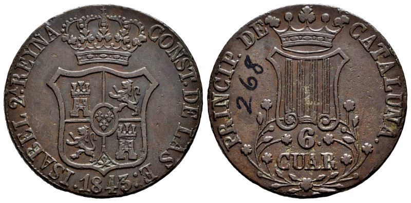 Elizabeth II (1833-1868). 6 quartos. 1843. Barcelona. (Cal-25). Ae. 14,17 g. VF....