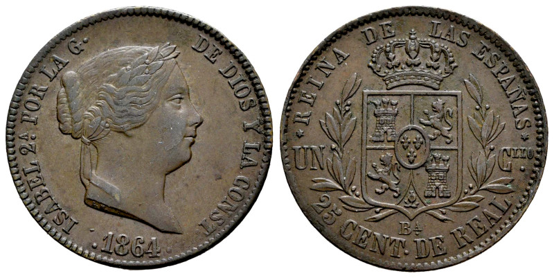 Elizabeth II (1833-1868). 25 centimos de real. 1864. Barcelona. (Cal-182). Ae. 9...