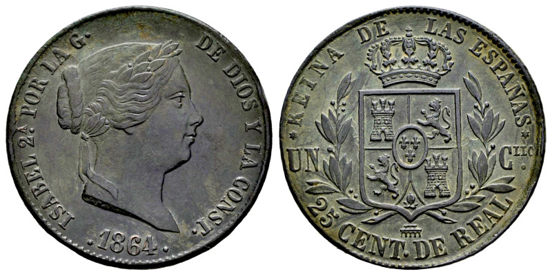 Elizabeth II (1833-1868). 25 centimos de real. 1864. Segovia. (Cal-197). Ae. 9,9...