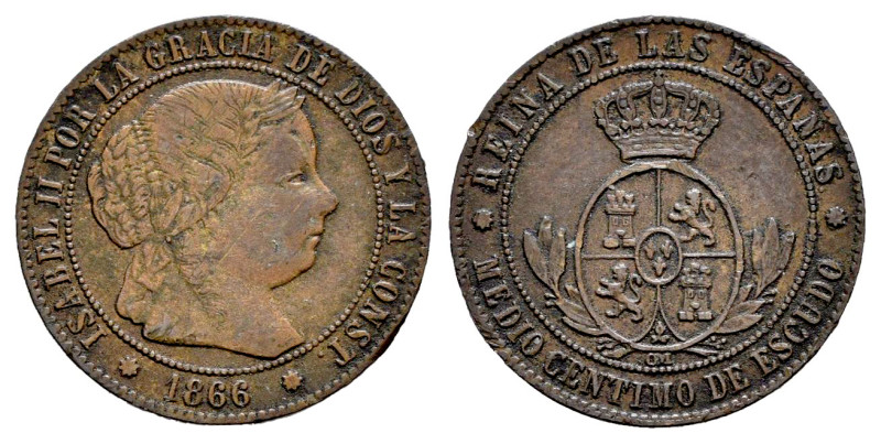 Elizabeth II (1833-1868). 1/2 centimo de escudo. 1866. Barcelona. OM. (Cal-199)....