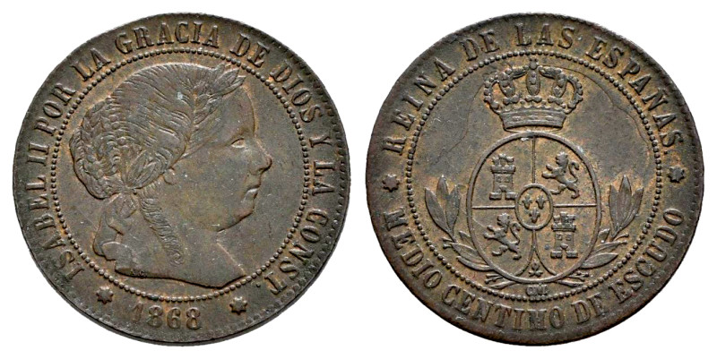 Elizabeth II (1833-1868). 1/2 centimo de escudo. 1868. Sevilla. OM. (Cal-212). A...