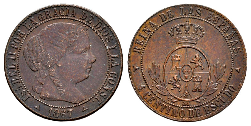 Elizabeth II (1833-1868). 1 centimo de escudo. 1867. Segovia. OM. (Cal-226). Ae....