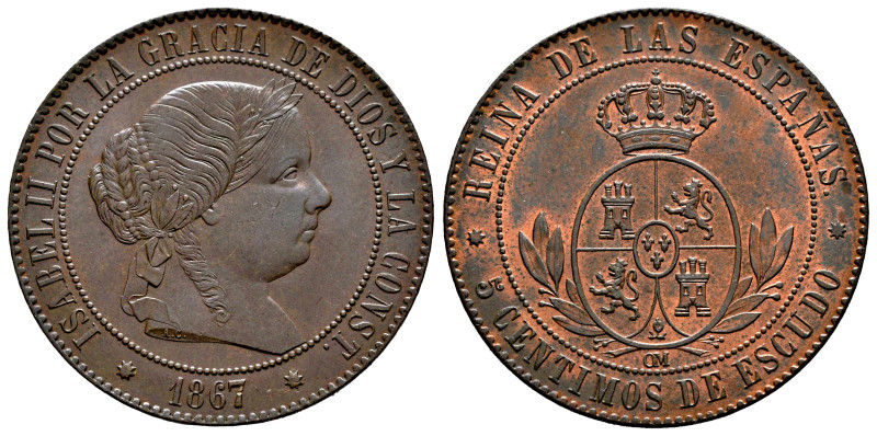 Elizabeth II (1833-1868). 5 centimos de escudo. 1867. Barcelona. OM. (Cal-245). ...