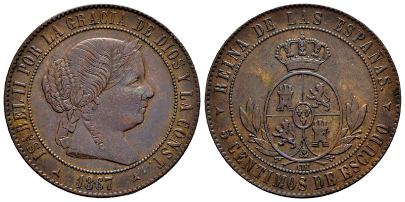 Elizabeth II (1833-1868). 5 centimos de escudo. 1867. Segovia. OM. (Cal-259). Ae...