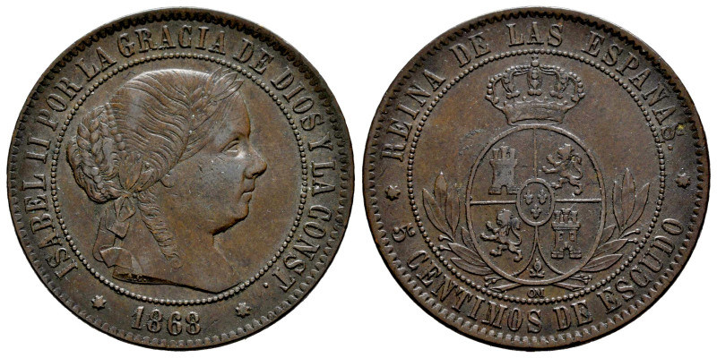 Elizabeth II (1833-1868). 5 centimos de escudo. 1868. Sevilla. OM. (Cal-262). Ae...