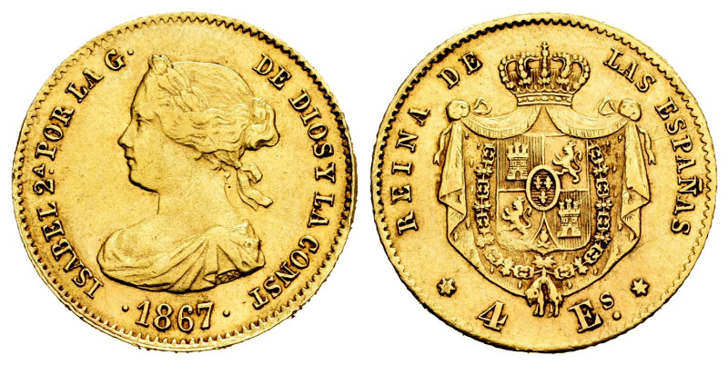 Elizabeth II (1833-1868). 4 escudos. 1867. Madrid. (Cal-691). Au. 3,35 g. Choice...