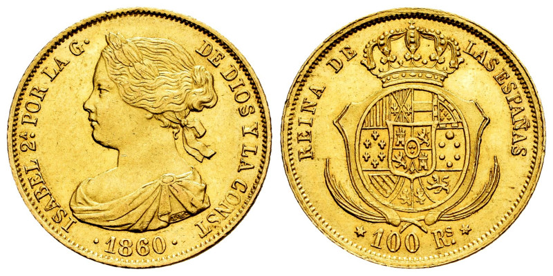 Elizabeth II (1833-1868). 100 reales. 1860. Madrid. (Cal-787). Au. 8,34 g. XF/AU...