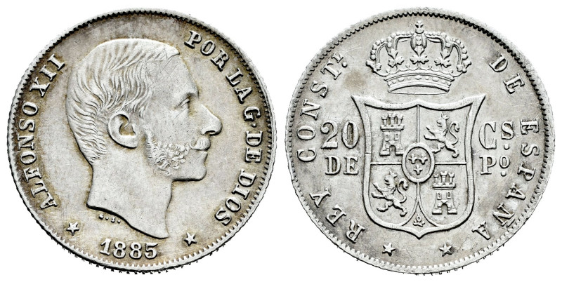 Alfonso XII (1874-1885). 20 centavos. 1885. Manila. (Cal-111). Ag. 5,06 g. Scrat...