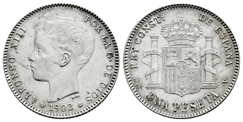 Alfonso XIII (1886-1931). 1 peseta. 1902*19-02. Madrid. SMV. (Cal-64). Ag. 4,98 ...