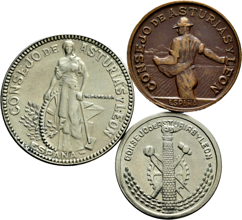 Civil War (1936-1939). Complete set of three values, 2 pesetas, 1 peseta and 50 ...