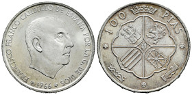 Estado Español (1936-1975). 100 pesetas. 1966 *19-69. Madrid. (Cal-149). Ag. 19,14 g. Straight 9 in star. Soft tone. Scarce. Almost MS/Mint state. Est...