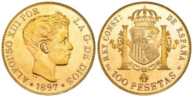 Estado Español (1936-1975). 100 pesetas. 1897*19-61. Madrid. SGV. (Cal-177). Au. 32,26 g. Reacuñación oficial. Tirada: 810 ejemplares. Brillo original...