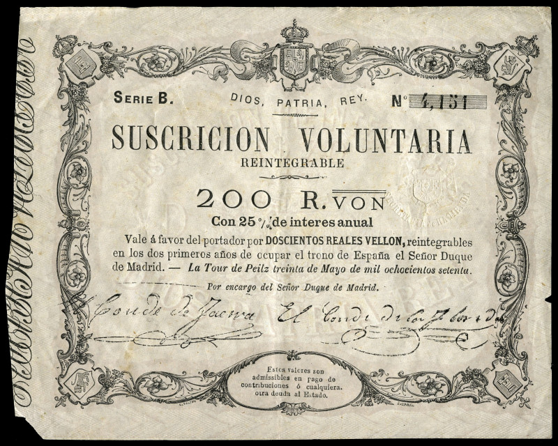 200 reales de vellón. 1871. (Ed-203). May 30, II Peilz tour issue. Series B. Bre...