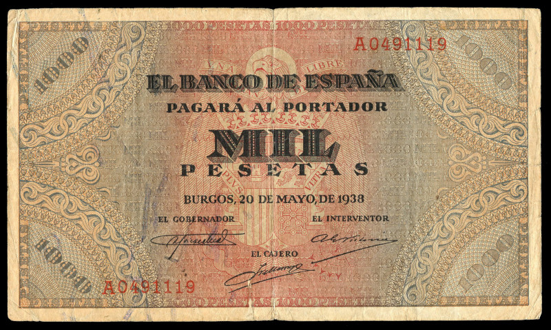 1000 pesetas. 1938. Burgos. (Ed-434). May 20, chart "Defense of the pulpit of St...