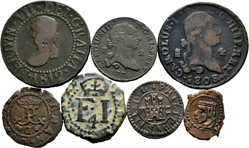 Lot of 7 Spanish Monarchy coins. Different Kings, dates and values with some int...