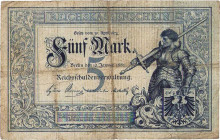 Deutsches Reich bis 1945
Reichsbanknoten und Reichskassenscheine 1874-1914 5 Mark 10.1.1882. Serie G. KN 506834 Ro. 6 Grab. DEU-48 IV