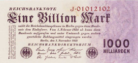 Deutsches Reich bis 1945
Geldscheine der Inflation 1919-1924 1 Billion Mark 1.11.1923. Serie J. KN 01012102 Ro. 126 a Grab. DEU-155 II+