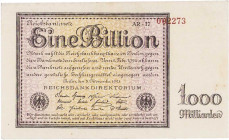 Deutsches Reich bis 1945
Geldscheine der Inflation 1919-1924 1 Billion Mark 5.11.1923. Firmenzeichen AR-17. KN 002273 Ro. 131 d Grab. DEU-162 d II+