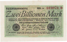 Deutsches Reich bis 1945
Geldscheine der Inflation 1919-1924 2 Billionen Mark 5.11.1923. Firmenzeichen MM-54. KN 019076 Ro. 132 a Grab. DEU-163 e I-