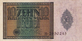 Deutsches Reich bis 1945
Geldscheine der Inflation 1919-1924 10 Billionen Mark 1.2.1923. KN B 2950245 Ro. 134 Grab. DEU-167 I-