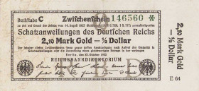 Deutsches Reich bis 1945
Zwischenscheine auf Schatzanweisungen des Deutschen Reiches 2,10 Mark Gold 23.10.1923. Firmenzeichen E 64. KN 146560 Ro. 141...