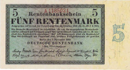 Deutsches Reich bis 1945
Deutsche Rentenbank 1923-1937 5 Rentenmark 1.11.1923. KN A 1185021 Ro. 156 b Grab. DEU-201 b I-