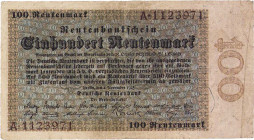 Deutsches Reich bis 1945
Deutsche Rentenbank 1923-1937 100 Rentenmark 1.11.1923. KN A 1123971 Ro. 159 Grab. DEU-204 IV+