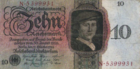 Deutsches Reich bis 1945
Deutsche Reichsbank 1924-1945 10 Reichsmark 11.10.1924. KN N 5399931 Ro. 168 a Grab. DEU-173 a III