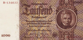 Deutsches Reich bis 1945
Deutsche Reichsbank 1924-1945 1000 Reichsmark 22.2.1936. KN B 134633 Ro. 177 a Grab. DEU-212 I-