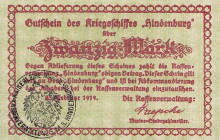 Deutsches Reich bis 1945
Kriegsnotgeld 50 Pfennig, 1, 5 und 20 Mark 25.2.1919. Gutscheine des Kriegsschiffes "Hindenburg" mit Stempel "Kaiserliche Ma...