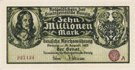 Selbständige oder besetzte deutsche Gebiete
Freie Stadt Danzig 10 Millionen Mark 31.8.1923. KN 227124 Ro. 804 b Grab. DAN-28 b I-