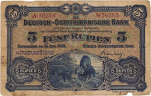 Geldscheine der deutschen Kolonien
Deutsch-Ostafrika, Deutsch-Ostafrikanische Bank, Friedensausgaben 1905-1918 5 Rupien 15.06.1905. 2 rote KN 38258 R...