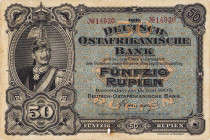 Geldscheine der deutschen Kolonien
Deutsch-Ostafrika, Deutsch-Ostafrikanische Bank, Friedensausgaben 1905-1918 50 Rupien 15.06.1905. 2 rote KN (Avers...