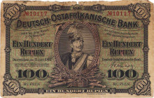 Geldscheine der deutschen Kolonien
Deutsch-Ostafrika, Deutsch-Ostafrikanische Bank, Friedensausgaben 1905-1918 100 Rupien 15.06.1905. 2 rote KN (Aver...