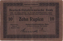 Geldscheine der deutschen Kolonien
Deutsch-Ostafrika, Deutsch-Ostafrikanische Bank, Kriegsausgaben 1915/17 - Interims-Banknoten 10 Rupien 1.10.1915. ...