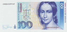 Bundesrepublik Deutschland
Deutsche Bundesbank 1960-1999 100 DM 2.1.1989. KN ZA0243291A7 (Austauschnote) Ro. 294 b Grab. BRD-38 b Selten. I