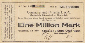 Städte und Gemeinden
Klingenthal 1 Million Mark 1.8.1923. Allgemeine deutsche Credit-Anstalt auf CuPB. o. Wz und Wz. Gitter. Dazu 500.000 Mark 1.8.19...