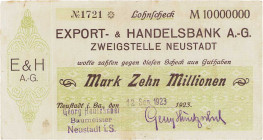 Städte und Gemeinden
Neustadt (Sa) 10 Millionen Mark 12.9.1923. Kundenscheck der Export- und Handelsbank A.G. Aussteller: Georg Häntzschel, Baumeiste...