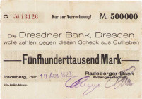 Städte und Gemeinden
Radeberg (Sa) 500.000 Mark 10.8.1923. und 500.000 Mark 17.8.1923 (2x) (zwei Druckvarianten der Wertzeile) und 300.000 Mark 21.8....