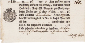 Deutschland-Kuxe
Zeulenroda/Fürstentum Reuss-Plauen Kuxschein über 1 Thaler 1799. Bergamt Greiz Selten. II