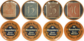 Briefmarkenkapselgeld
Hann. Münden 10, 15, 25 und 40 Pfennig o.J. W. Rosenberg Hann. Münden - Das moderne Kaufhaus für Manufactur u. Konfection. Bedr...