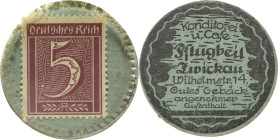 Briefmarkenkapselgeld
Zwickau 5 Pfennig Ziffermarke o.J. Konditorei u. Café Pflugbeil. Pappkapsel mit Zelluloidfolie Pick - Me. 28210.1 Selten. Vorzü...