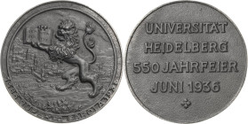 Akademien, Schulen, Universitäten
 Eisengussmedaille 1936. 550 Jahre Universität Heidelberg. Löwe mit offenem Buch vor Stadtansicht mit unzerstörtem ...